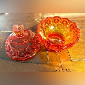 Vintage LE Smith Moon And Stars Amberina Or Flame Candy Dish Covered Compote